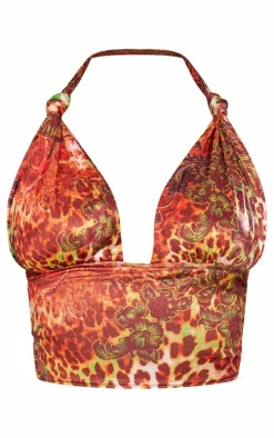 Best PrettyLittleThing Leopard Print Slinky Tie Up Halterneck Top Multi