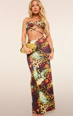 Sale PrettyLittleThing Leopard Print Slinky Bandeau Tie Top Multi