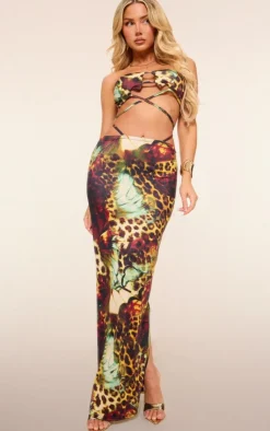 PrettyLittleThing Leopard Print Slinky Tie Maxi Skirt Multi
