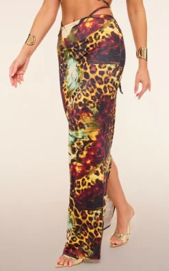 PrettyLittleThing Leopard Print Slinky Tie Maxi Skirt Multi