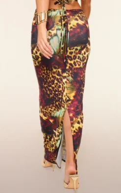 PrettyLittleThing Leopard Print Slinky Tie Maxi Skirt Multi