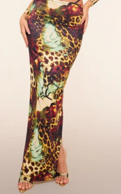 PrettyLittleThing Leopard Print Slinky Tie Maxi Skirt Multi