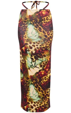 PrettyLittleThing Leopard Print Slinky Tie Maxi Skirt Multi