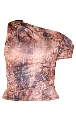 New PrettyLittleThing Muted Snake Print Asymmetric Slinky Metal Detail Long Top Multi