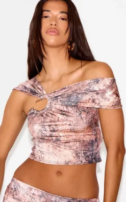 New PrettyLittleThing Muted Snake Print One Shoulder Metal Detail Top Multi