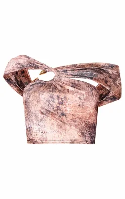 New PrettyLittleThing Muted Snake Print One Shoulder Metal Detail Top Multi