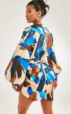 Paint Print Satin Drape Skirt Oversized Sleeve Shirt Dress-PrettyLittleThing Best
