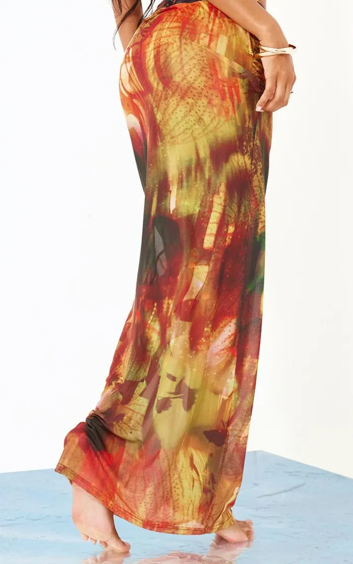 Multi Palm Print Mesh Ruched Maxi Beach Skirt