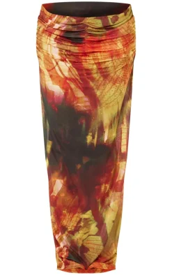 Multi Palm Print Mesh Ruched Maxi Beach Skirt