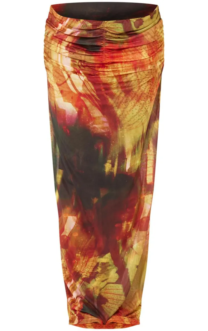 Multi Palm Print Mesh Ruched Maxi Beach Skirt