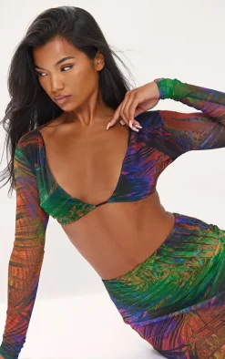New PrettyLittleThing Palm Printed Mesh Long Sleeve Bralet Multi