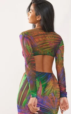New PrettyLittleThing Palm Printed Mesh Long Sleeve Bralet Multi