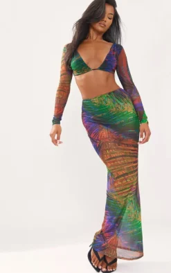 New PrettyLittleThing Palm Printed Mesh Long Sleeve Bralet Multi