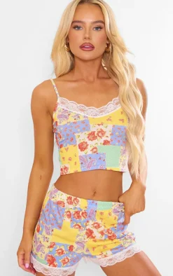 Multi Patchwork Floral Print Lace Trim Short Pj Set