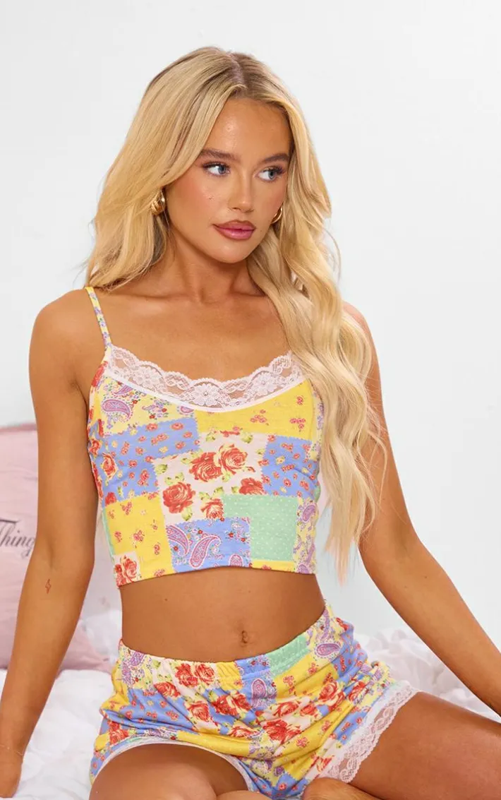 Multi Patchwork Floral Print Lace Trim Short Pj Set