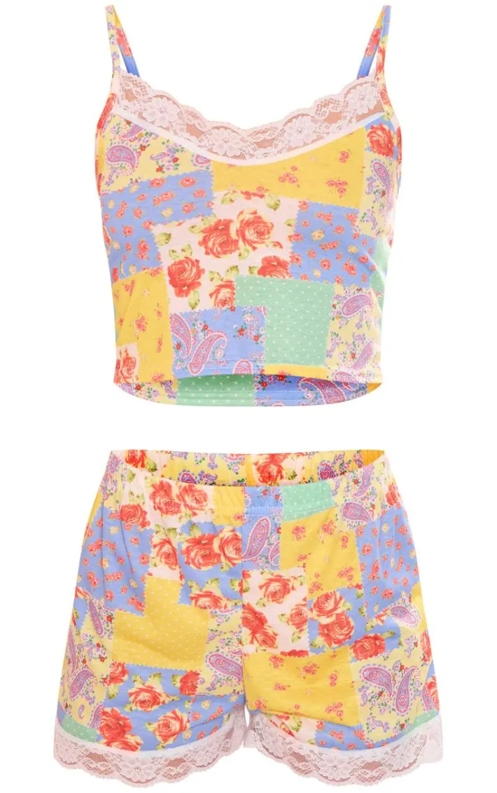 Multi Patchwork Floral Print Lace Trim Short Pj Set