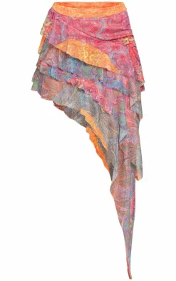 Multi Patchwork Printed Mesh Rara Asymmetric Midaxi Skirt
