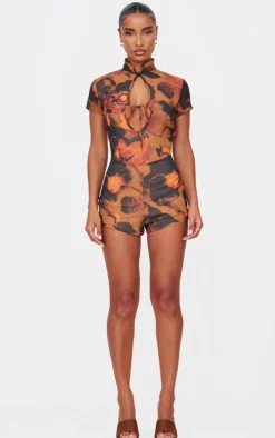 Print Keyhole Cut Out Tie Romper-PrettyLittleThing New