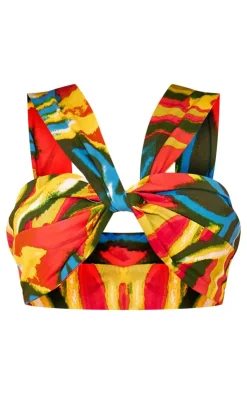 Sale PrettyLittleThing Print Linen Look Asymmetric Bandeau Top Multi