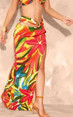Outlet PrettyLittleThing Print Linen Look Twist Detail Maxi Skirt Multi