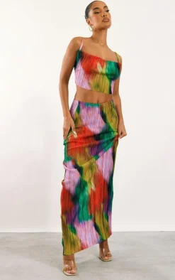 Discount PrettyLittleThing Print Plisse Maxi Skirt Multi