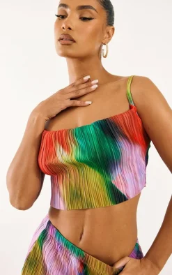 PrettyLittleThing Print Plisse Strappy Cowl Neck Top Multi
