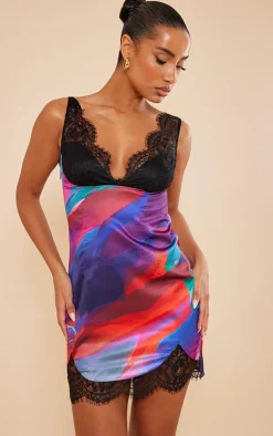 Print Satin Contrast Lace Bust Detail Bodycon Dress-PrettyLittleThing New