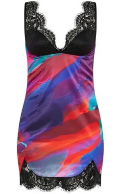 Print Satin Contrast Lace Bust Detail Bodycon Dress-PrettyLittleThing New