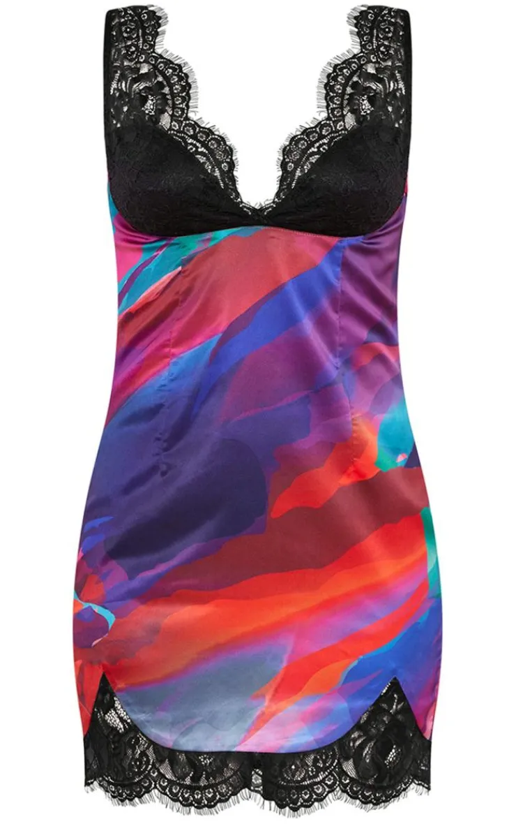 Print Satin Contrast Lace Bust Detail Bodycon Dress-PrettyLittleThing New