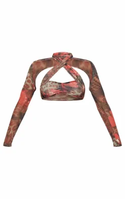 PrettyLittleThing Printed Mesh Crossover Top Multi
