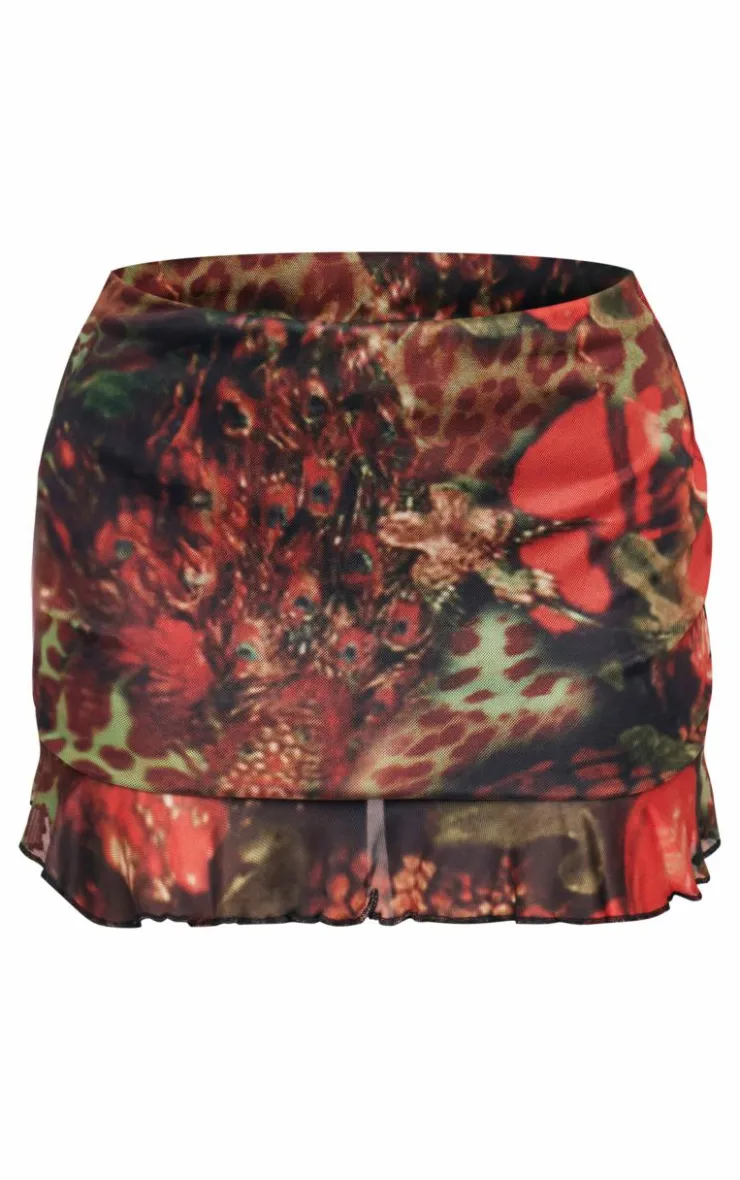 PrettyLittleThing Printed Mesh Frill Hem Mini Skirt Multi