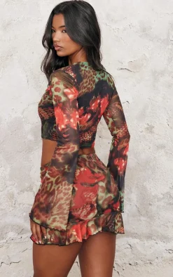 Sale PrettyLittleThing Printed Mesh Long Sleeve Top Multi