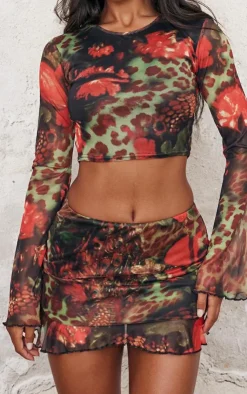 Sale PrettyLittleThing Printed Mesh Long Sleeve Top Multi