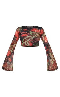 Sale PrettyLittleThing Printed Mesh Long Sleeve Top Multi