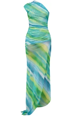 Printed Mesh Ruched One Shoulder Thigh Split Maxi Dress-PrettyLittleThing Discount