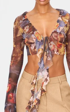 Multi Printed Mesh Ruffle Long Sleeve Drape Crop Top