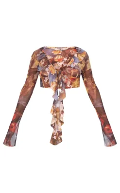 Multi Printed Mesh Ruffle Long Sleeve Drape Crop Top