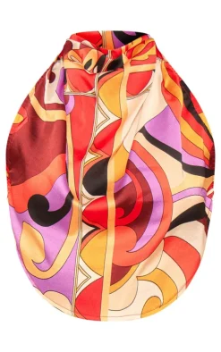 PrettyLittleThing Printed Satin Halterneck Crop Top Multi