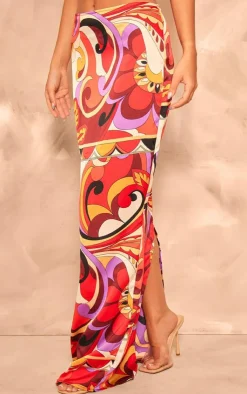 Discount PrettyLittleThing Printed Satin Mid Rise Maxi Skirt Multi