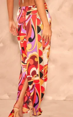 Discount PrettyLittleThing Printed Satin Mid Rise Maxi Skirt Multi