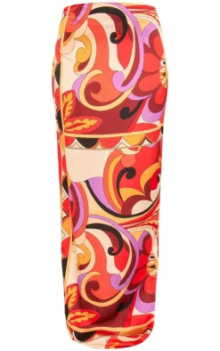 Discount PrettyLittleThing Printed Satin Mid Rise Maxi Skirt Multi