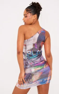 Printed Sequin One Shoulder Mini Dress-PrettyLittleThing Sale
