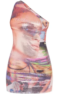 Printed Sequin One Shoulder Mini Dress-PrettyLittleThing Sale