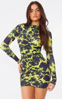 Printed Slinky High Neck Ruched Long Sleeve Bodycon Dress-PrettyLittleThing Outlet