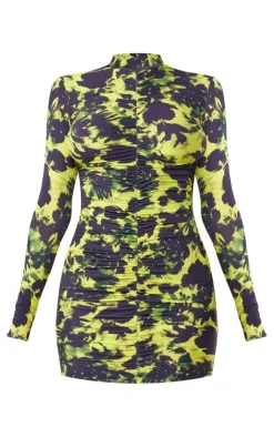 Printed Slinky High Neck Ruched Long Sleeve Bodycon Dress-PrettyLittleThing Outlet