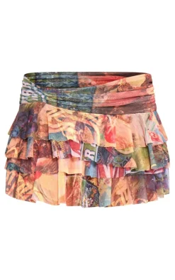 Scenic Collage Printed Mesh Frilly Low Waist Mini Skirt-PrettyLittleThing Hot