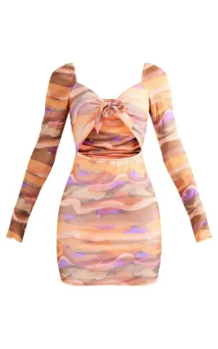 Swirl Tile Print Mesh Tie Front Cut Out Bodycon Dress-PrettyLittleThing Discount