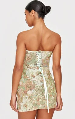 Tapestry Bandeau Lace Up Back Bodycon Dress-PrettyLittleThing Sale