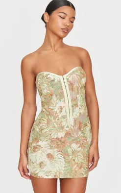 Tapestry Bandeau Lace Up Back Bodycon Dress-PrettyLittleThing Sale