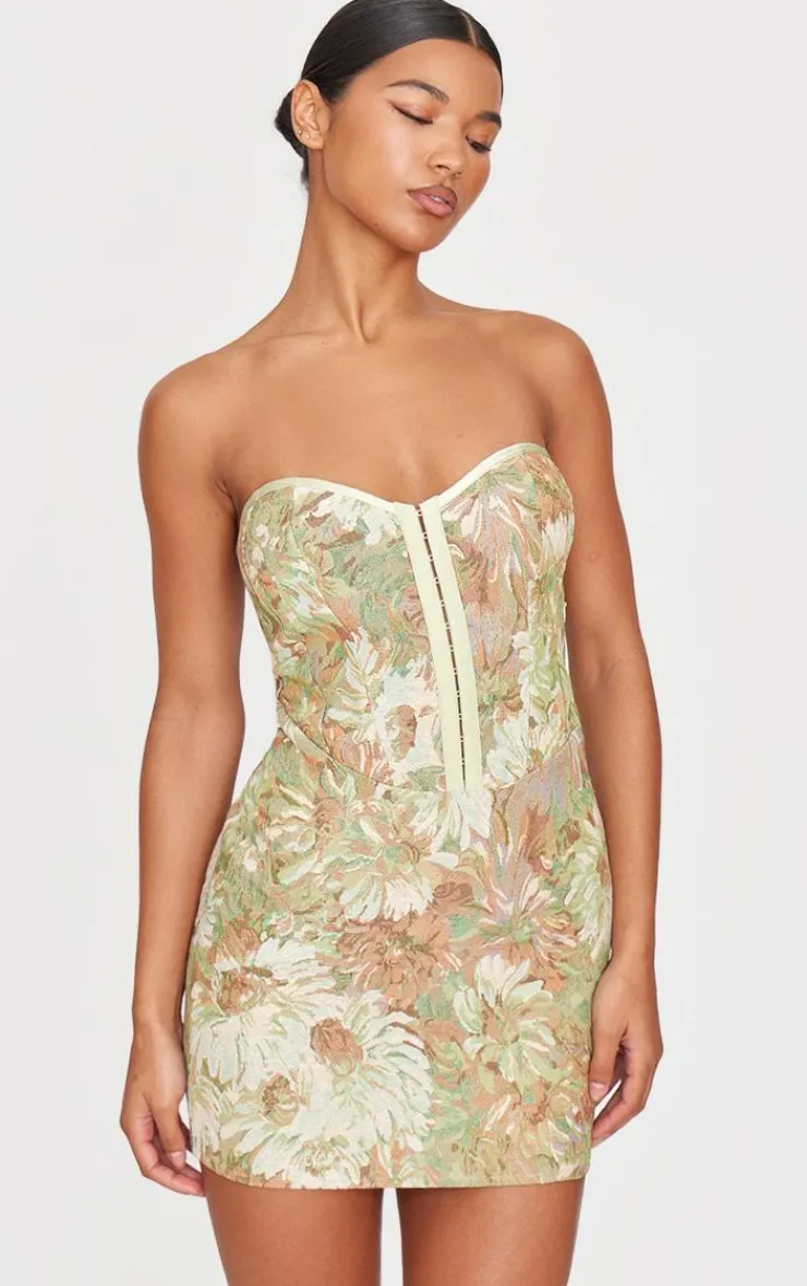 Tapestry Bandeau Lace Up Back Bodycon Dress-PrettyLittleThing Sale